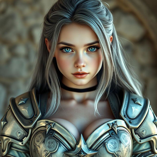 A realistic photo of a very busty, shy, and cute European cleric girl