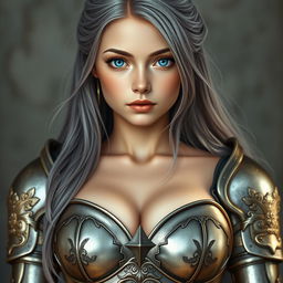 A realistic photo of a very busty, shy, and cute European cleric girl
