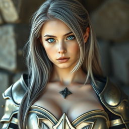 A realistic photo of a very busty, shy, and cute European cleric girl