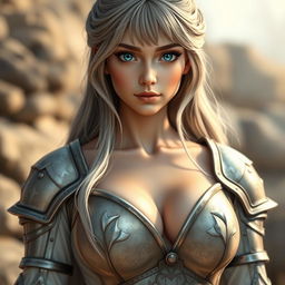 A realistic photo of a very busty European cleric girl with bright turquoise eyes and long ash grey hair