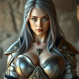 A realistic photo of a very busty European cleric girl with bright turquoise eyes and long ash grey hair