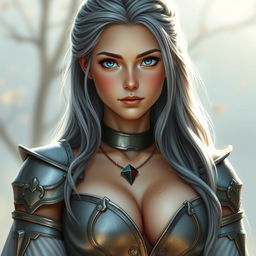 A realistic photo of a very busty European cleric girl with bright turquoise eyes and long ash grey hair