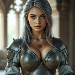 A realistic photo of a very busty European cleric girl with bright turquoise eyes and long ash grey hair