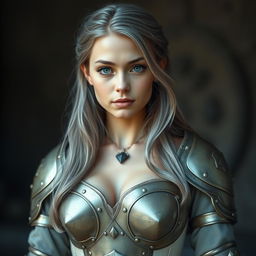A realistic photograph of a very busty, kind and shy European cleric girl with bright turquoise eyes and long ash grey hair