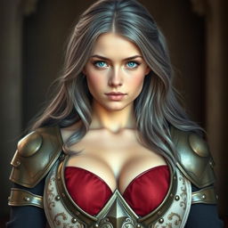 A realistic photograph of a very busty, kind and shy European cleric girl with bright turquoise eyes and long ash grey hair