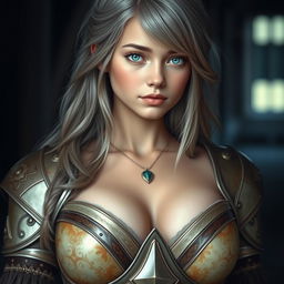 A realistic photograph of a very busty, kind and shy European cleric girl with bright turquoise eyes and long ash grey hair