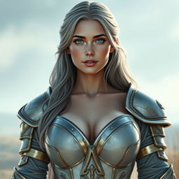 A realistic photo of a very busty shy European cleric girl with bright turquoise eyes and long ash grey hair