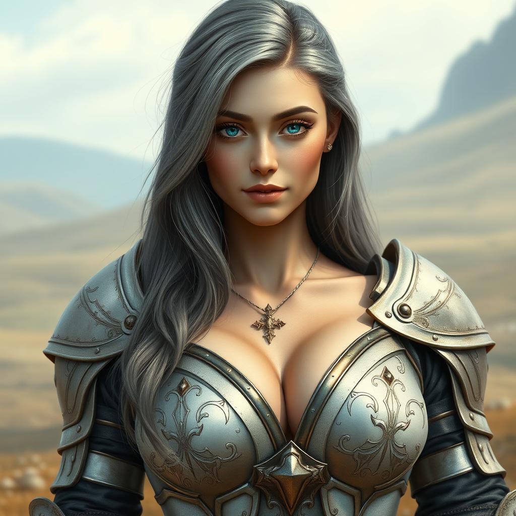 A realistic photo of a very busty shy European cleric girl with bright turquoise eyes and long ash grey hair