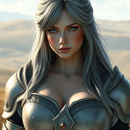 A realistic photo of a very busty shy European cleric girl with bright turquoise eyes and long ash grey hair