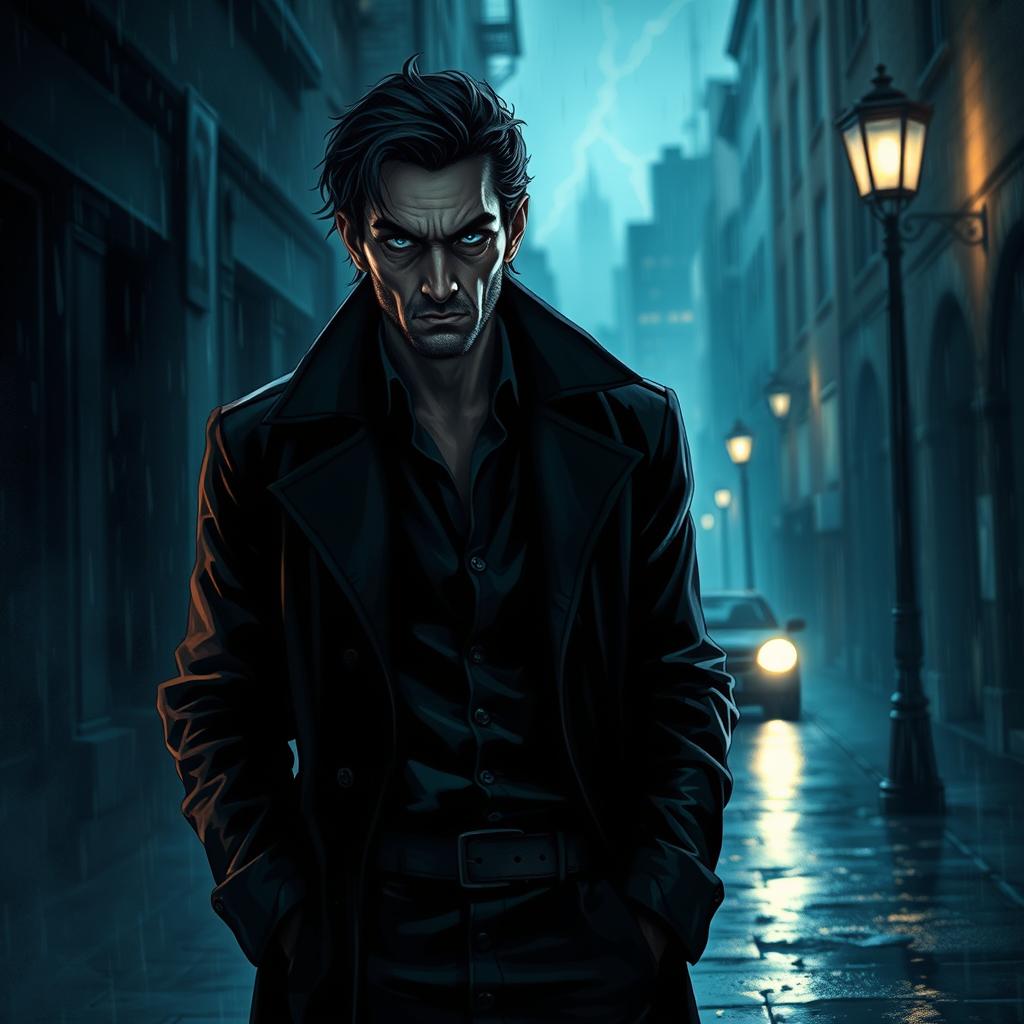 A complex character concept for a story, depicting a villain who is not entirely evil, capturing their conflicted nature