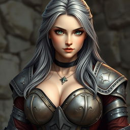 A realistic photo of a very busty, shy European cleric girl with bright turquoise eyes and long ash grey hair