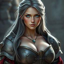 A realistic photo of a very busty, shy European cleric girl with bright turquoise eyes and long ash grey hair