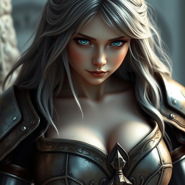 A realistic photo of a very busty, shy European cleric girl with bright turquoise eyes and long ash grey hair