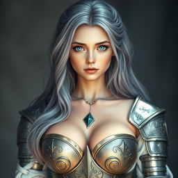 A realistic photo of a very busty European cleric girl with bright turquoise eyes and long ash grey hair