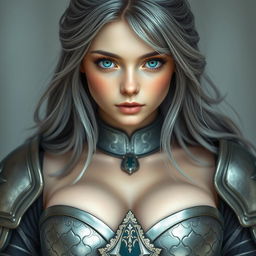 A realistic photo of a very busty European cleric girl with bright turquoise eyes and long ash grey hair