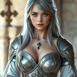 A realistic photo of a very busty European cleric girl with bright turquoise eyes and long ash grey hair