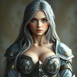 A realistic portrait of a very busty, kind, shy European cleric girl with bright turquoise eyes, long ash grey hair, large beautiful breasts, and a diamond-shaped caring face