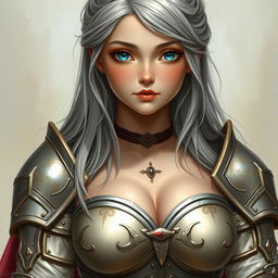A realistic portrait of a very busty, kind, shy European cleric girl with bright turquoise eyes, long ash grey hair, large beautiful breasts, and a diamond-shaped caring face