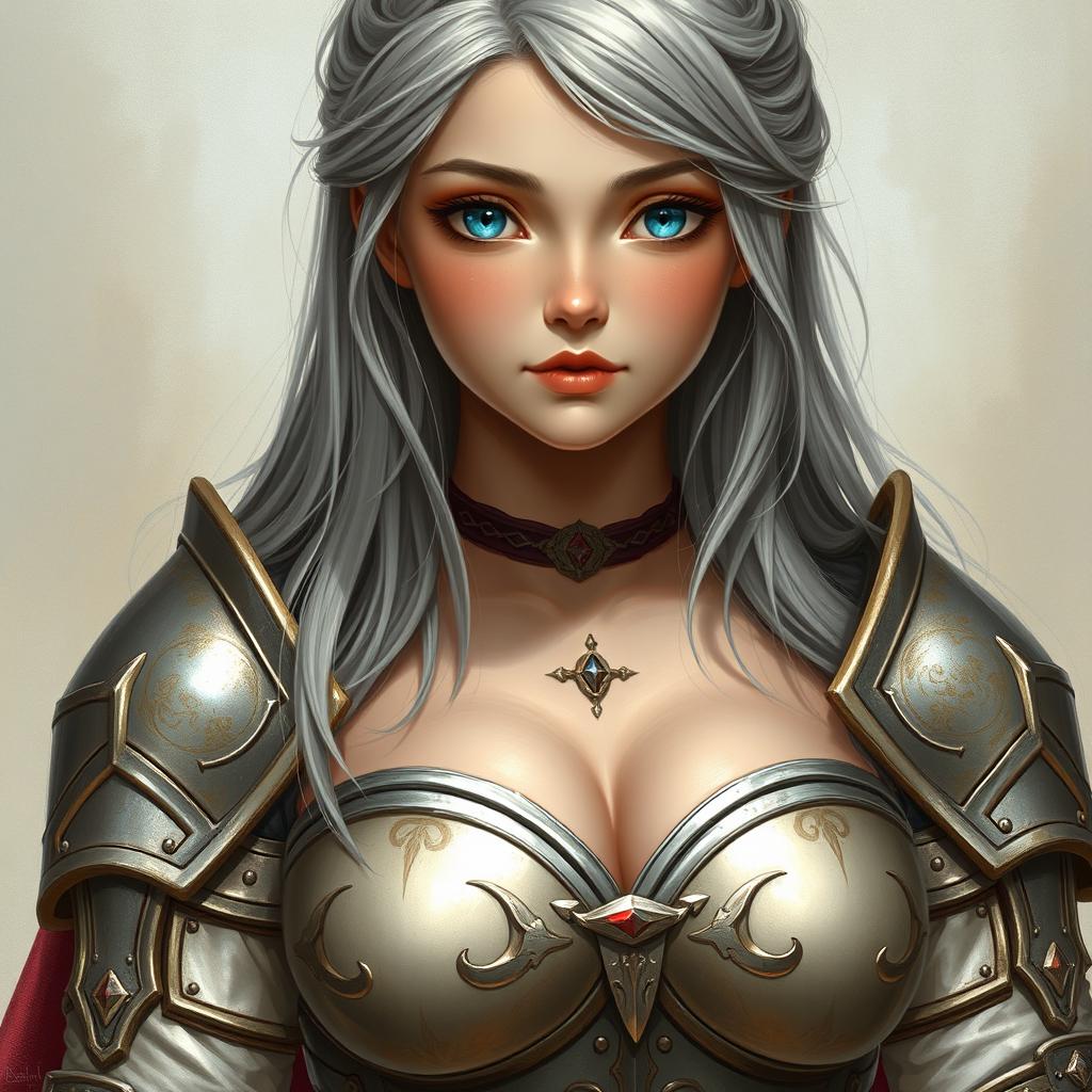 A realistic portrait of a very busty, kind, shy European cleric girl with bright turquoise eyes, long ash grey hair, large beautiful breasts, and a diamond-shaped caring face
