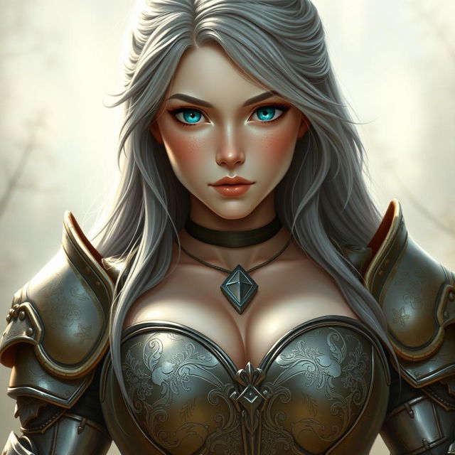A realistic portrait of a very busty, kind, shy European cleric girl with bright turquoise eyes, long ash grey hair, large beautiful breasts, and a diamond-shaped caring face