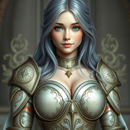 A very busty European cleric girl with bright turquoise eyes and long ash grey hair