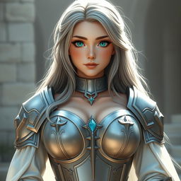 A very busty European cleric girl with bright turquoise eyes and long ash grey hair