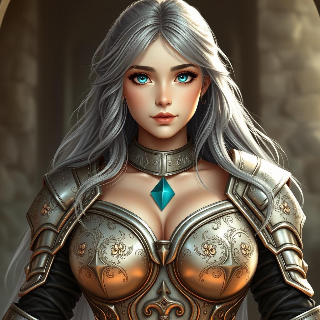 A very busty European cleric girl with bright turquoise eyes and long ash grey hair