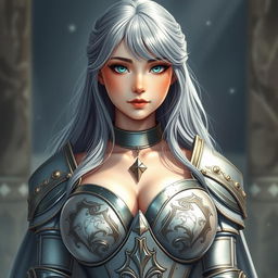 A very busty European cleric girl with bright turquoise eyes and long ash grey hair