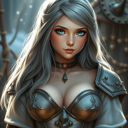 A very busty, kind yet shy Ukrainian cleric girl with bright turquoise eyes and long ash grey hair