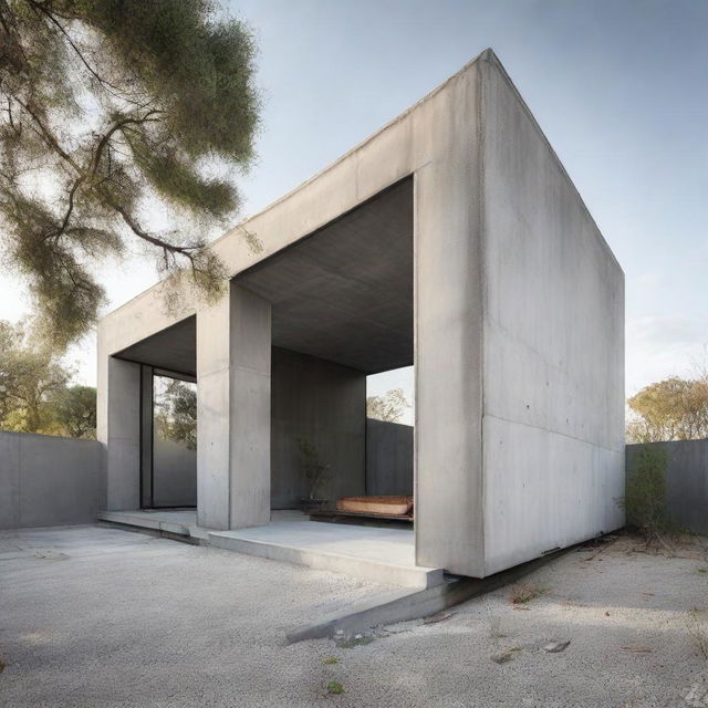 Exterior view of an industrial minimalist house featuring exposed concrete