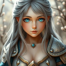 A very busty, kind yet shy Ukrainian cleric girl with bright turquoise eyes and long ash grey hair
