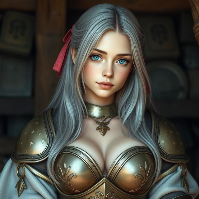 A very busty, kind yet shy Ukrainian cleric girl with bright turquoise eyes and long ash grey hair