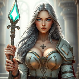 A very busty and kind European cleric girl with bright turquoise eyes, long ash grey hair flowing gracefully