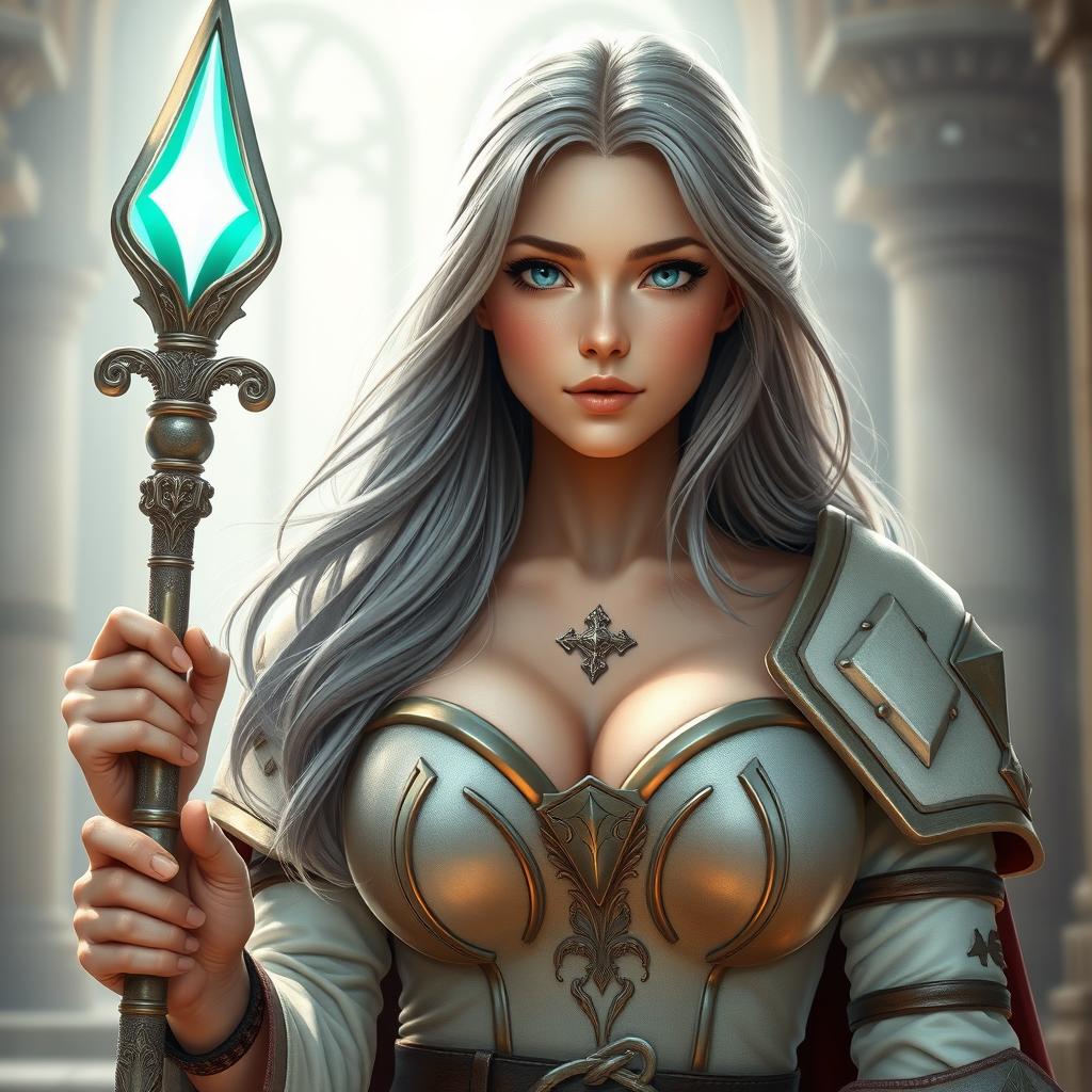 A very busty and kind European cleric girl with bright turquoise eyes, long ash grey hair flowing gracefully