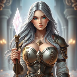 A very busty and kind European cleric girl with bright turquoise eyes, long ash grey hair flowing gracefully