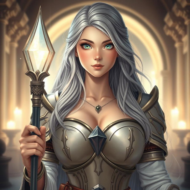 A very busty and kind European cleric girl with bright turquoise eyes, long ash grey hair flowing gracefully