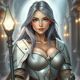 A very busty and kind European cleric girl with bright turquoise eyes, long ash grey hair flowing gracefully