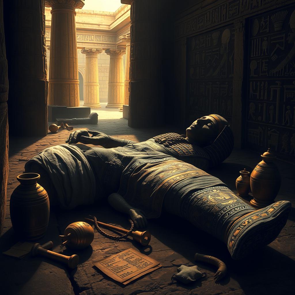 A beautifully detailed and eerie depiction of an ancient Egyptian mummy, wrapped in intricately decorated linen, showcasing the craftsmanship of ancient artisans