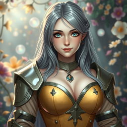 A very busty, shy European cleric girl with bright turquoise eyes and long ash grey hair