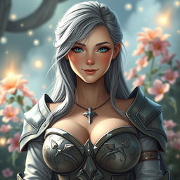 A very busty, shy European cleric girl with bright turquoise eyes and long ash grey hair