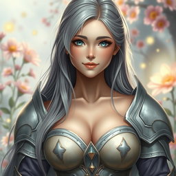 A very busty, shy European cleric girl with bright turquoise eyes and long ash grey hair