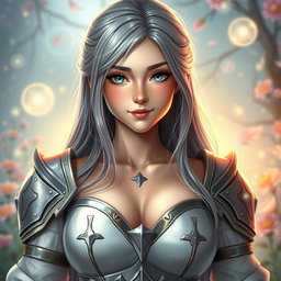 A very busty, shy European cleric girl with bright turquoise eyes and long ash grey hair