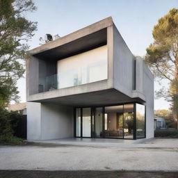 Exterior view of an industrial minimalist house featuring exposed concrete