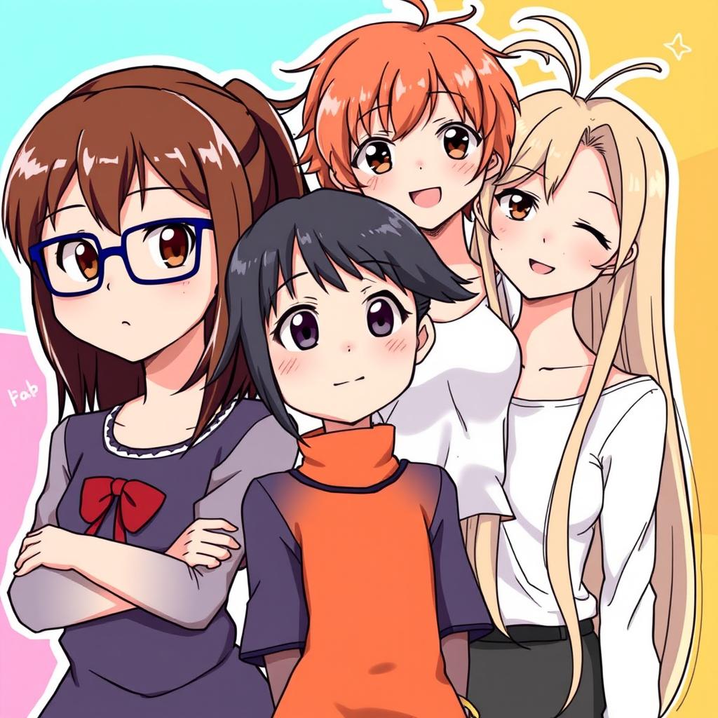 An anime-style illustration featuring a group of four girls