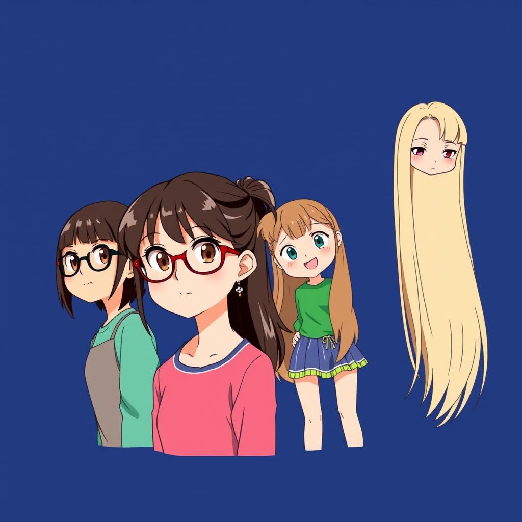 An anime-style illustration featuring a group of four girls against a dark blue background