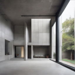 Exterior view of an industrial minimalist house featuring exposed concrete