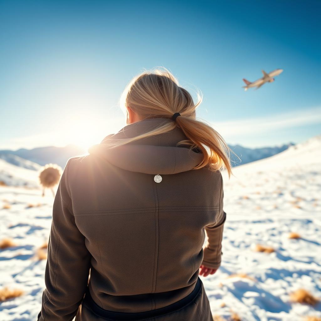A scenic view from behind of a young blonde woman and a 6-year-old girl in the Swiss alpine meadows