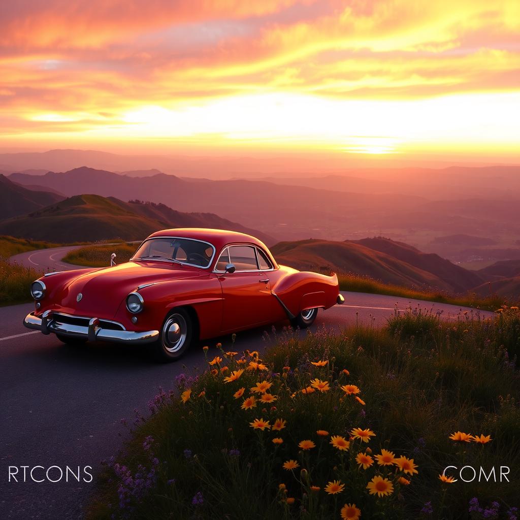 A scenic landscape featuring a vibrant sunset over rolling hills, with a stylish vintage car parked on a winding road in the foreground