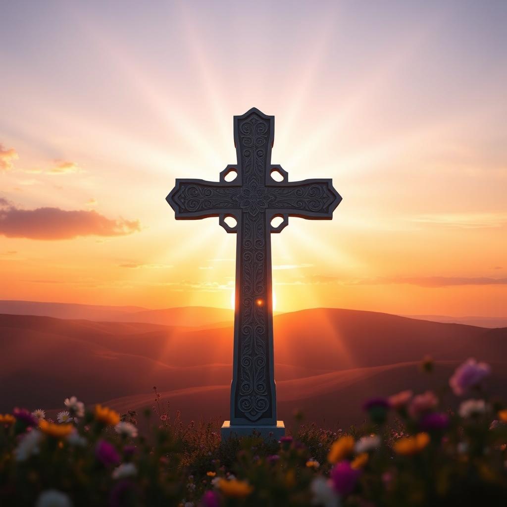 A serene and inspiring scene depicting a cross at sunset surrounded by an ethereal light, symbolizing deep faith and spirituality