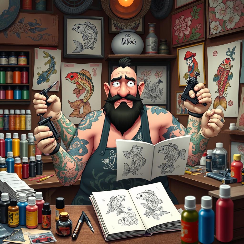 Kamaji, the multi-armed character from Spirited Away, depicted as a tattoo artist in a vibrant studio filled with various tattoo supplies